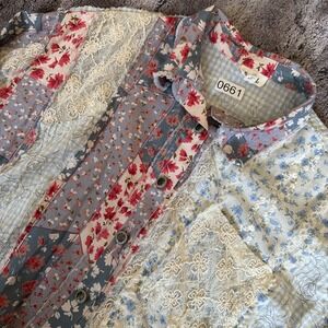 POL Patchwork Lace Sequin Cropped Button Up Shirt Pink Blue Boho Size S